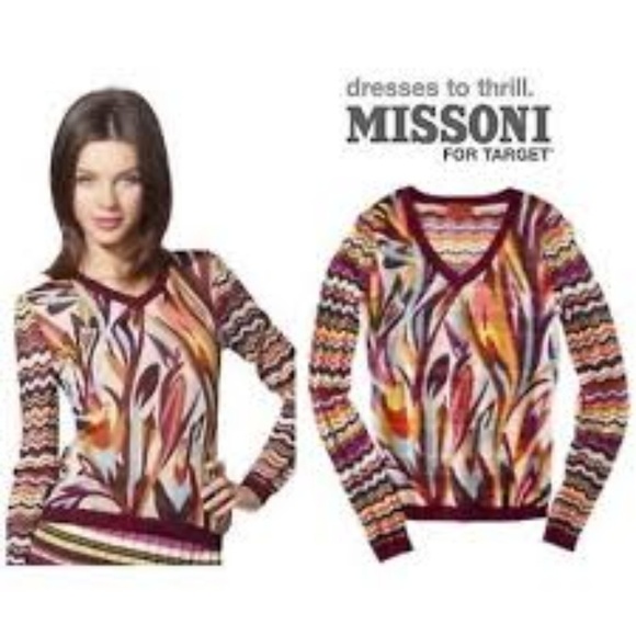 Missoni for Target Burgundy and Brown Floral Mixed Media V-neck Sweater - Picture 2 of 7
